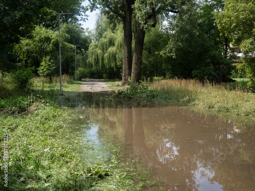 Kałuże w parku miejskim, po burzy, po opadach deszczu