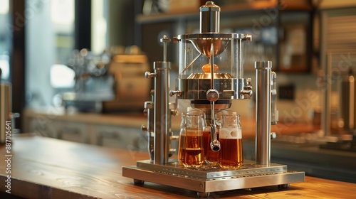 A sleek and modern siphon coffee brewer prepares fresh coffee in a stylish café setting with a wooden countertop, highlighting the blend of traditional coffee-making and contemporary design.