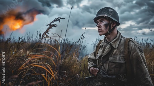 A military soldier standing in a field, wearing a helmet and uniform, with fire and smoke in the background, capturing the intensity and drama of wartime situations.