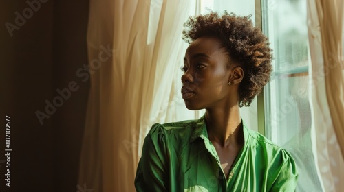 An African American woman in a green blouse looking out the window, lost in thought