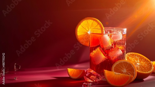 Red fruit cocktail accompanied by orange slices against a maroon backdrop