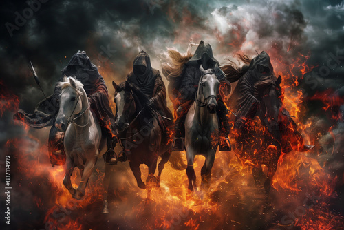 The Four Horsemen of the Apocalypse arriving hooded on horses wielding dangerous weapons