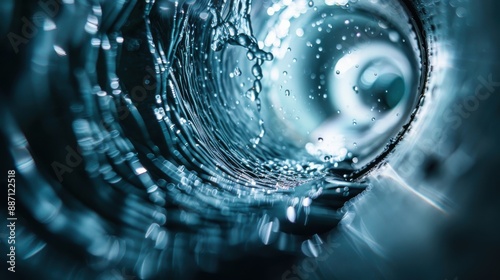 A mesmerizing view inside a water-filled pipe tunnel with droplets of water visible, capturing the dynamic flow and engineering marvel of modern plumbing.