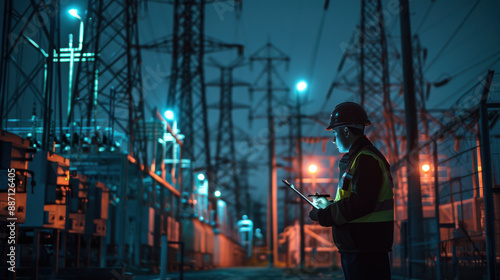 Industrial electrician in safety gear using a tablet to check operations at a power plant with high-voltage towers at night.