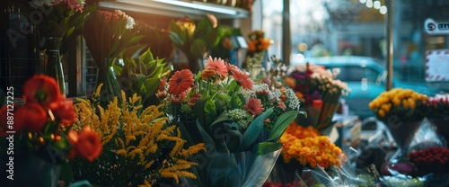 Depict an automated flower shop with robotic arrangers