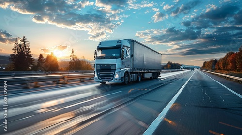 a truck driving down the highway carrying merchandise. A loaded truck is driving on the highway carrying goods