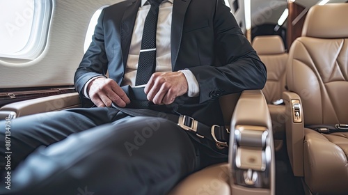 cropped view of businessman fastening safety belt while sitting in private jet