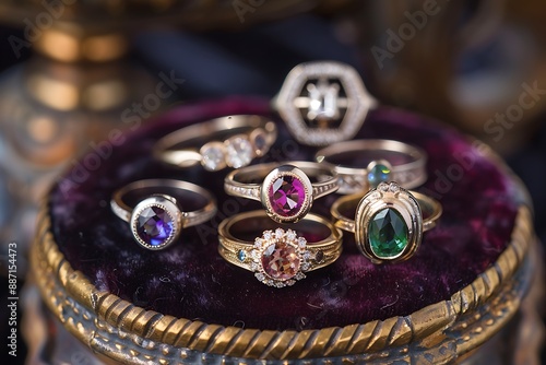 : Contemporary rings with unique gemstone settings, arranged on a rotating platform with a dark velvet background