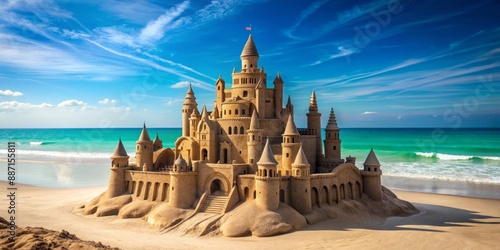 A majestic sandcastle with intricate towers and moat stands alone on a pristine beach, surrounded by calm ocean waters and clear blue sky.