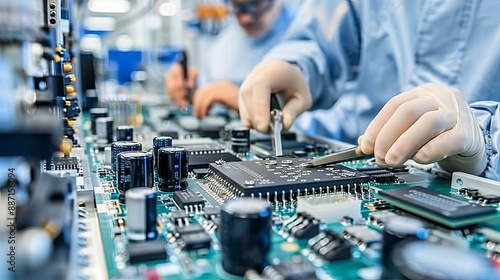 Electronic Print Circuit board PCB Assembly Technicians assembling PCBs with precision tools in a cleanroom environment