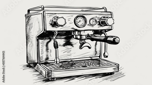 A black and white hand-drawn artistic representation of an espresso machine, featuring knobs and gauges. The detailed illustration showcases the mechanical design of the machine.