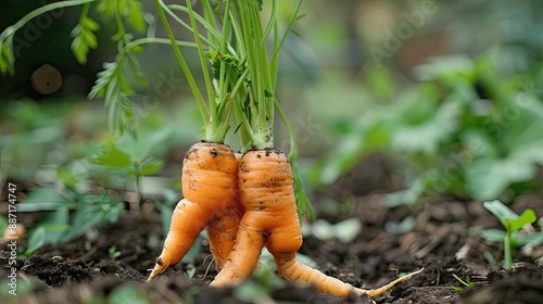 Ugly carrot with three tails grown in the garden Selective focus Vegetable abnormal shape Potential food organic waste