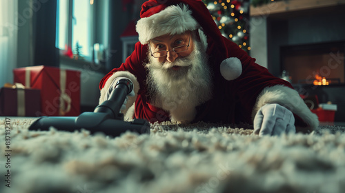 santa claus using a vacuum cleaner cleaning and doing household cleaning activities