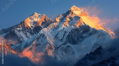 First sun lights on the peaks of Lhotse and Nutse