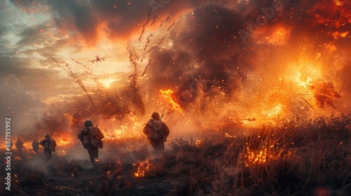 Intense Military Battle Scene with Soldiers and Explosions at Sunset