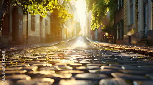 acercamiento de una calle de la ciudad empedrada con casas alrededor en un hermoso atardecer