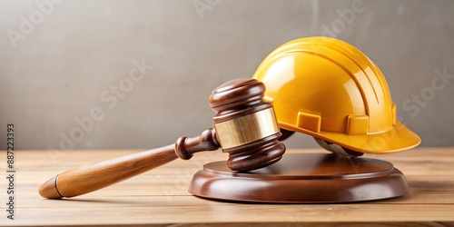 Wooden gavel rests on polished judge's bench beside a construction worker's helmet, symbolizing fair labor law decisions and upholding workers' rights in the industry.