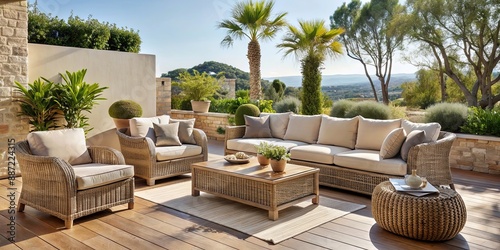 Comfortable rattan garden outdoor furniture on a Mediterranean style terrace, with a soft tonal palette