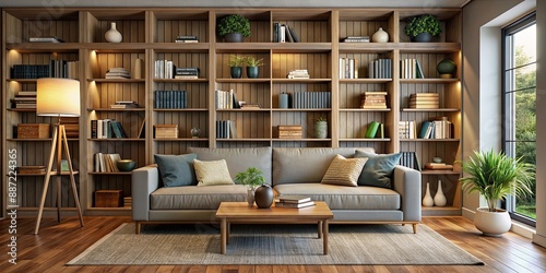 Cozy den with stylish bookcase and comfortable couch for reading , relaxation, escape, literature, cozy, den, stylish