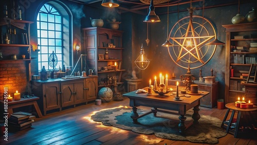 Supernatural Investigation Headquarters: A supernatural investigation set with occult artifacts, mystical symbols, and paranormal investigation equipment for supernatural shows