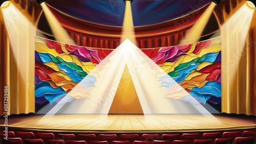 A vibrant theater stage scene in oil paints depicting