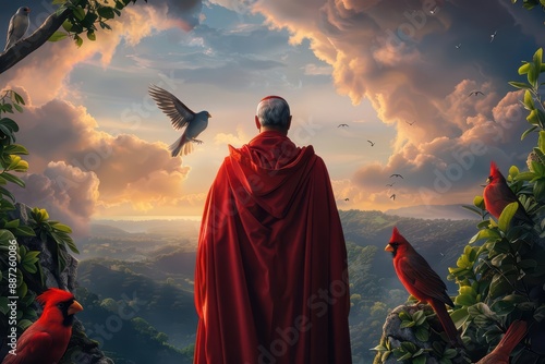 A cardinal in a royal robe is presiding over a magical bird kingdom under an ethereal sky
