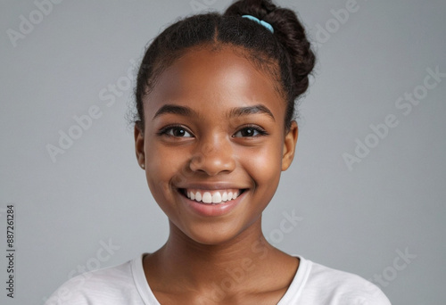 Portrait view of a regular happy smiling Angola girl, ultra realistic, candid, social media, avatar image, plain solid background