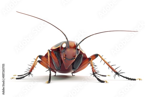 A 4D cartoon cockroach with antennae scuttling on 79 1902 insect, isolated, bug, cockroach, macro, white, pest, animal, mosquito, nature, fly, brown, cricket, closeup, antenna, black, white backgroun