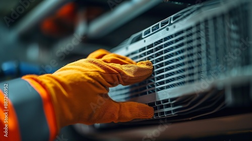 Replacing filters in a home ventilation system A hand in an orange glove changes a Hepa filter : Generative AI