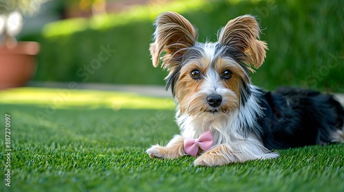 Charming longhaired Biewer Terrier with a pink bow lying on a lush green artificial turf lawn on a sunny day : Generative AI