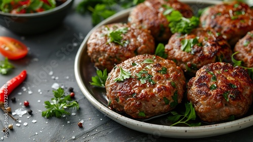 Delicious minced pork and beef cutlets on plate over light background Comfort food Top view flat lay : Generative AI