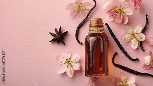 Vanilla extract in bottle with vanilla pods and flowers on pink background Top view : Generative AI