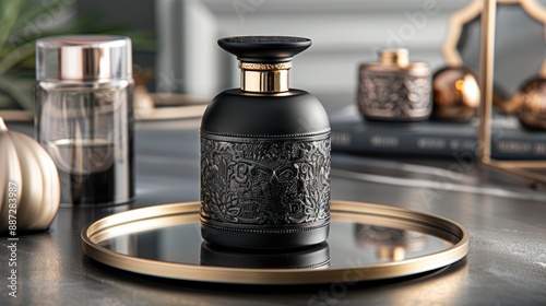 Elegant perfume bottle with intricate design on a gold-rimmed tray, perfect for luxury and sophistication in fragrance display.