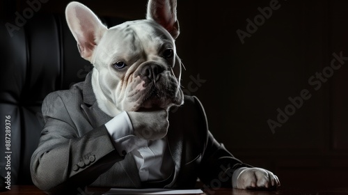 White french bulldog in a business suit, confidently sitting at desk in executive room