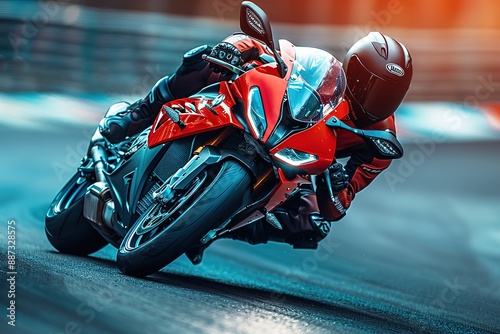 A man is riding a red motorcycle on a track