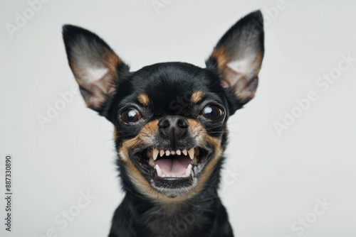 Angry chihuahua dog showing teeth on white background for animal behavior concepts