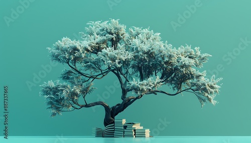 majestic 3D tree with book-leaves each one richly textured set against solid aquamarine background. The tree represents the power of education and knowledge.