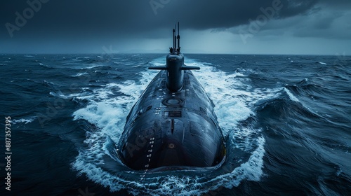 A fast-moving nuclear submarine floats on the surface of the sea during a training exercise