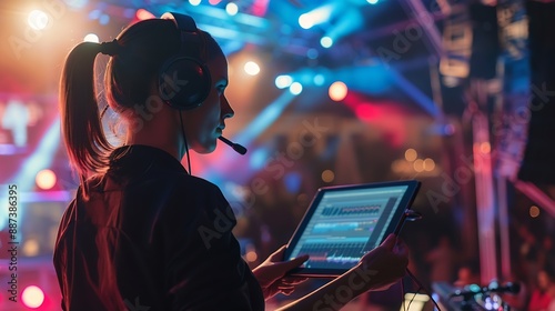 Music Festival Organizer Wearing a Headset Holding a Pc Tablet Confident public relations specialist hosting a concert event : Generative AI