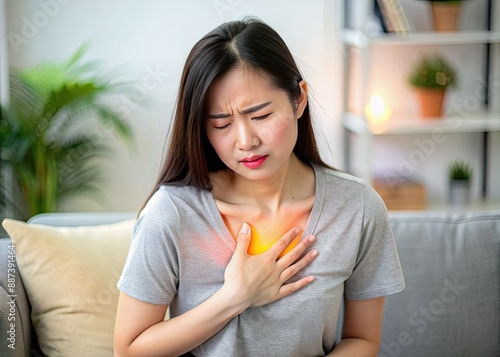 Asian woman experiencing acid reflux symptoms like heartburn and gastroesophageal issues. Concept Acid reflux symptoms, Heartburn, Gastroesophageal issues, Asian woman, Health concerns