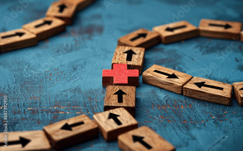 Strategy concept with wooden blocks arrows pointing avoiding red cross mark optimizing solutions for business challenges