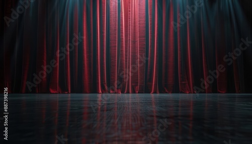 Grand theater stage featuring a luxurious red curtain, spotlighted in anticipation of a performance, perfect for promoting drama productions and entertainment venues