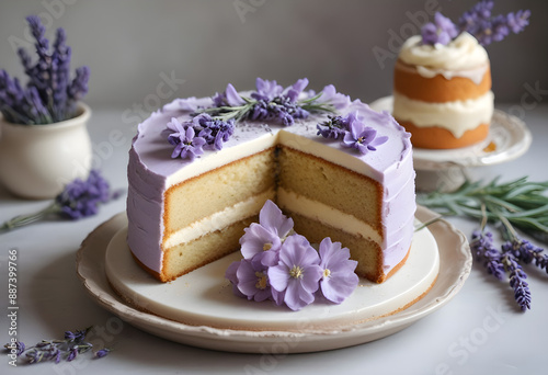 Vanilla cake decorated with purple flowers and lavender flowers is placed on the table