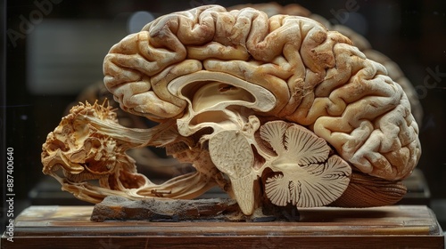 Gross anatomy of the lateral surface of a human brain fixed in formalin showing a severe cortical atrophy with enlarged sulci and reduced giri as can be seen in Alzheimer disease or senile brain