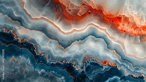 Abstract image of mineral layers in vibrant orange, blue, and white hues, resembling geological formations under a microscope.