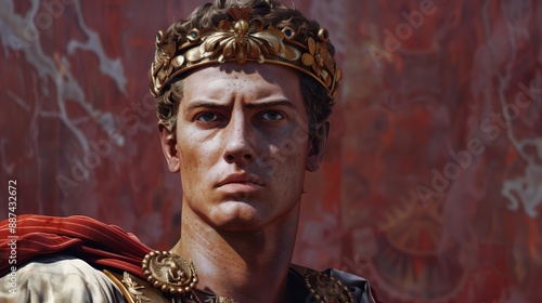 Portrait of Emperor Caligula wearing a golden laurel wreath and red toga in front of an ancient mural. Historical reference, Roman Empire, classical art, educational content.