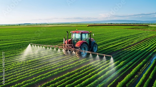 Agricultural scene of a tractor using a spraying system in a well-maintained green field.