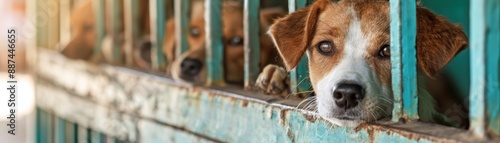 Sad dogs in a shelter cage awaiting adoption. Pensive expressions show their longing for a loving home and improved life. Outdoor shot.