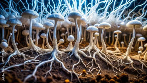 Intricate underground network of white mycelium threads weaving through rich, dark soil, illuminating vibrant, glowing fungal roots in high detail.