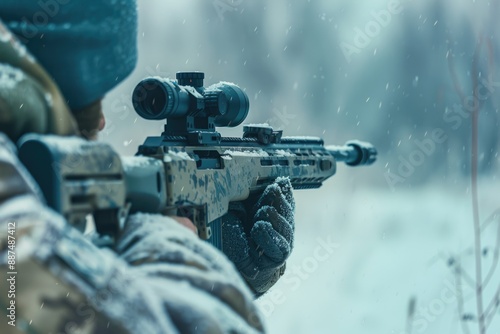 A person in camouflage gear holds a rifle while standing in snowy terrain, possibly for hunting or outdoor activities